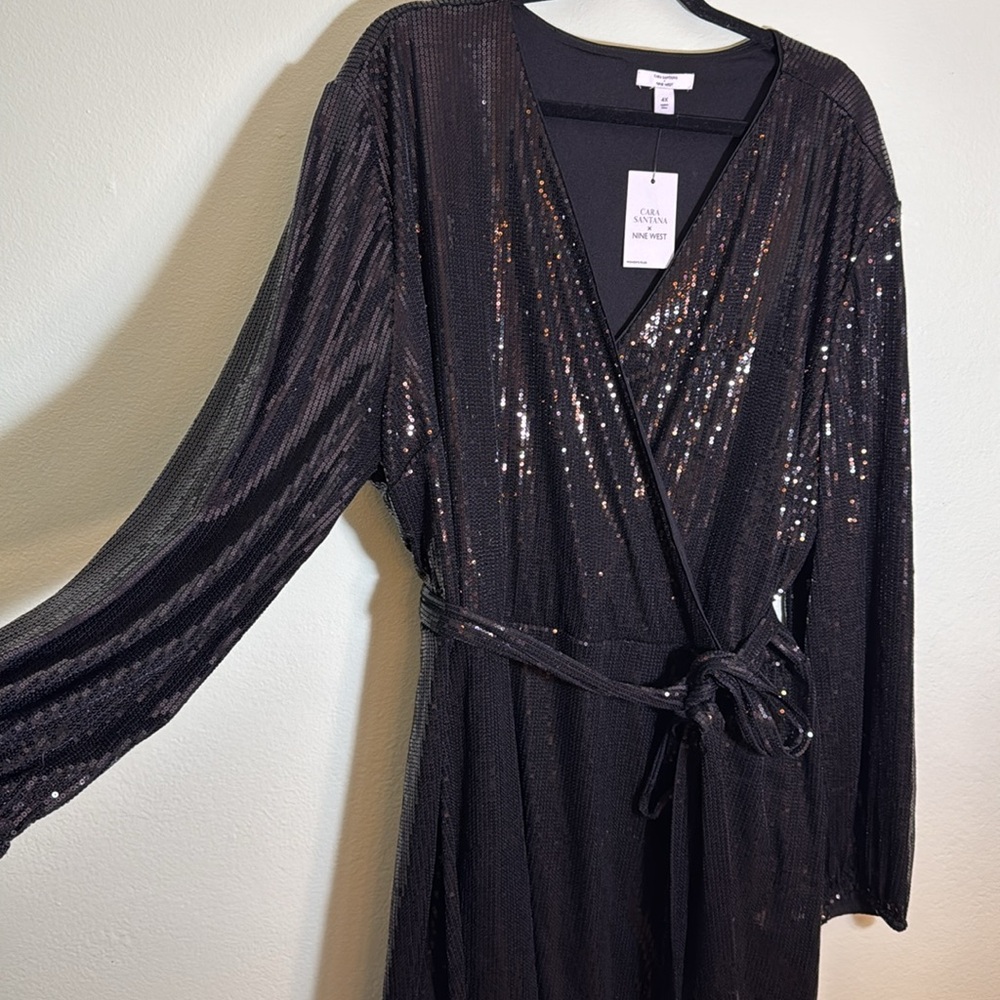 Nine West Cara Santana 4x plus sequin faux wrap dress tie waist belt - Picture 2 of 8